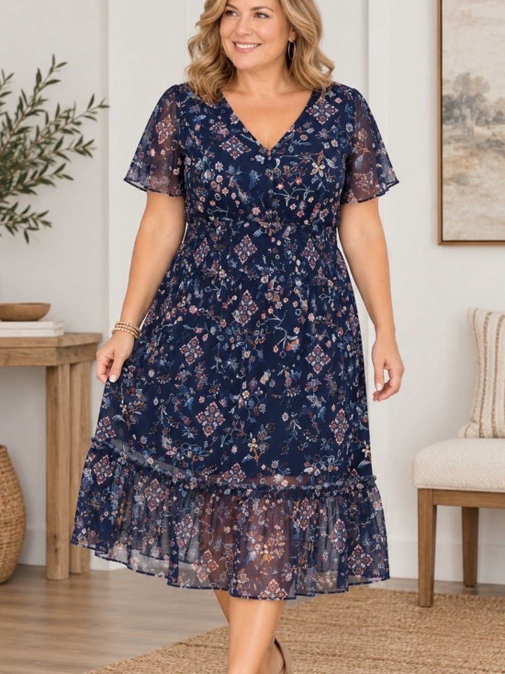 Canyon retreat navy smocked flutter casual sleeve tiered dress size 2xp